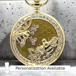 Honeybee Pocket Watch – Gold Finish, Crystal Accents, Nature-Inspired Bee Gift